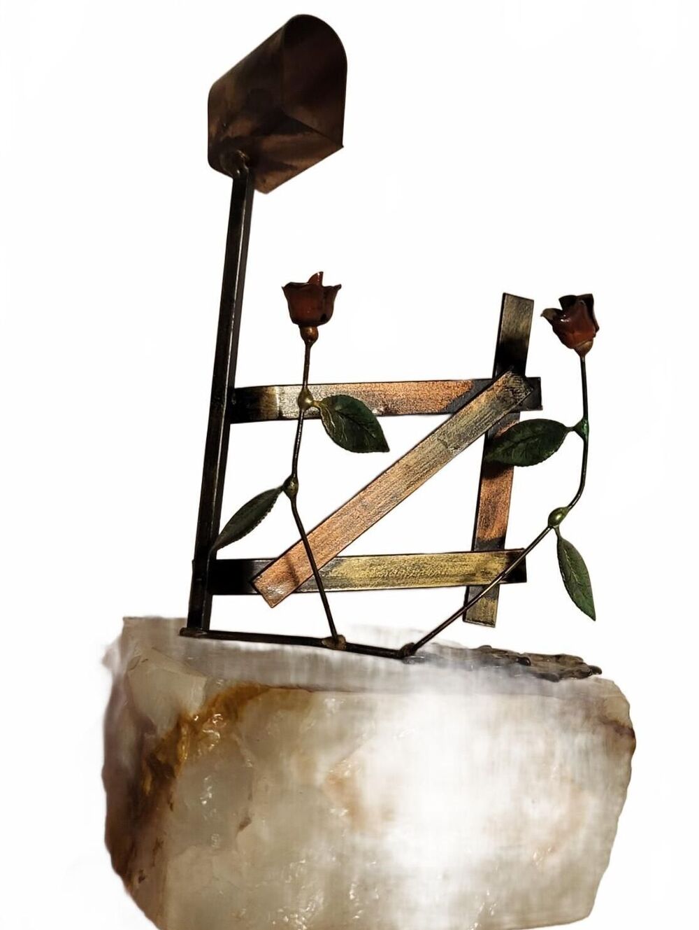 Vintage John DeMott Mixed Metal Sculpture - Mailbox, Fence, & Roses
